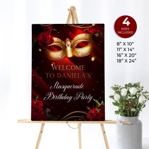 Signo de bienvenida de la fiesta de máscaras, cartel de mascarada dulce 16, cumpleaños de Mardi Gras, signo de bienvenida de rosas rojas, baile de máscaras, signo rojo y dorado