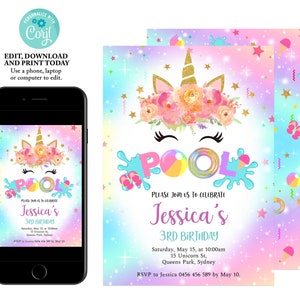 Peut inclure: Une invitation numérique pour une fête de piscine sur le thème de la licorne. L'invitation présente une licorne avec une couronne florale, un fond arc-en-ciel et le texte "Jessica's 3rd Birthday".