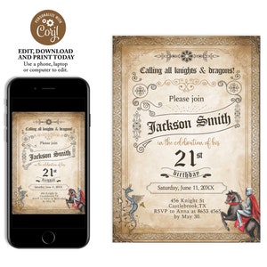 Medieval Knights and Dragons Birthday Invitation, Vintage Boy Birthday Invite, Canterbury Invite, Camelot Invite, Instant Download