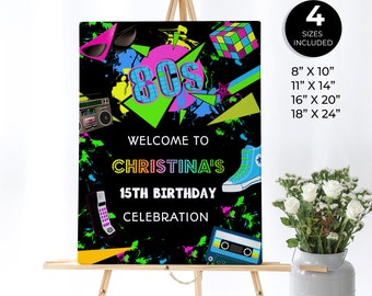 Letrero de bienvenida de cumpleaños de los 80, póster con temática de los 80, letrero personalizado de los 80, regreso a los 80, fiesta de cumpleaños de los 80, letrero de fiesta imprimible, letrero editable