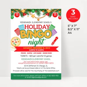 Holiday Bingo Night Flyer, Community Fundraiser, School Family Holiday Game Fundraiser Event, Printable Christmas Family Game Night Invite