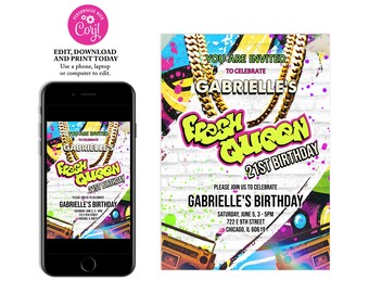 Graffiti 80s 90s retro printable invitation, urban retro invitation, graffiti birthday party, gold chain, hip hop queen birthday invite