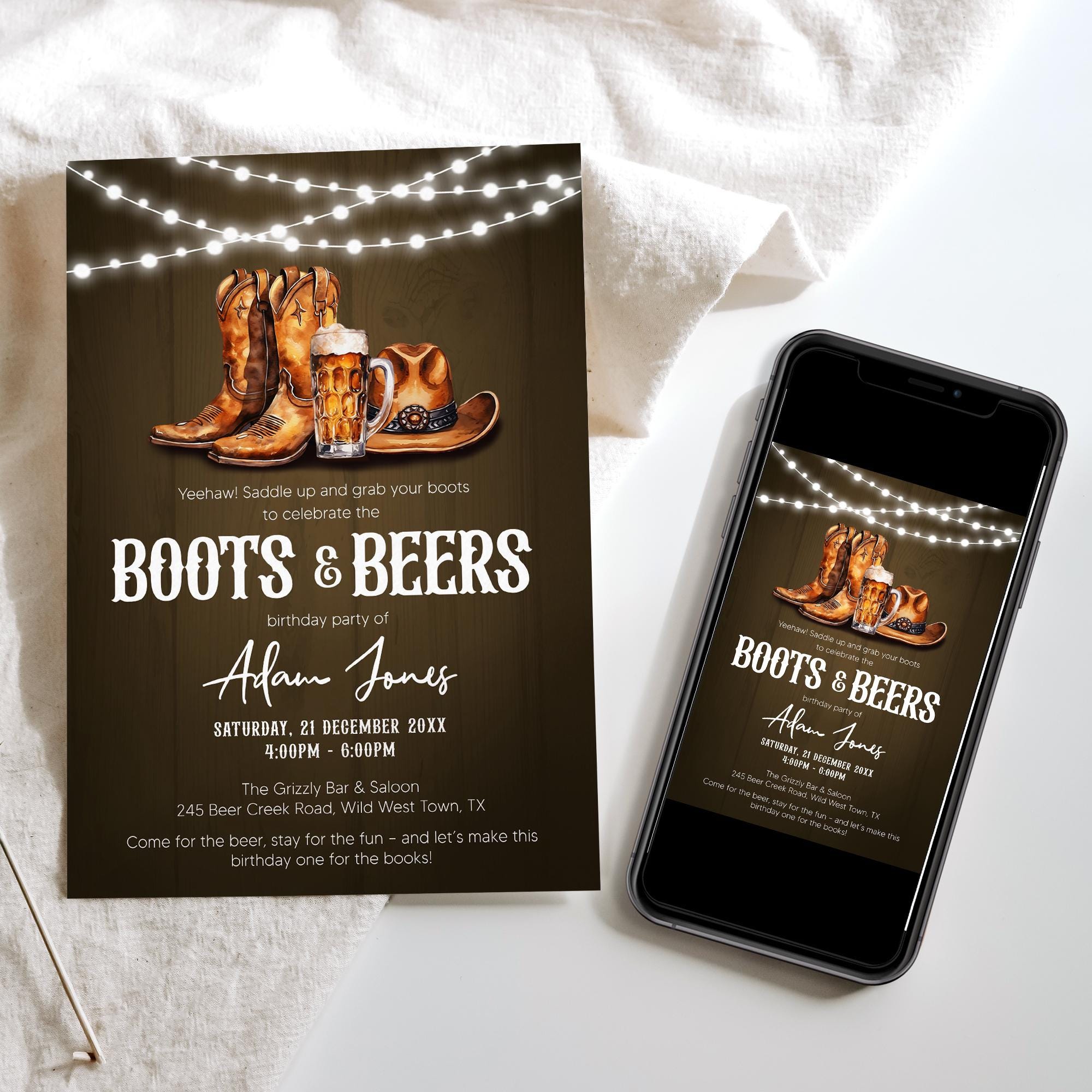 Boots and Beer Birthday Party Invitation, Cowboy Birthday Invite, Brown ...