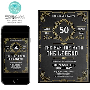 The Man The Myth The Legend Invitation, birthday invitation men, 40th 50th 60th 70th Any Age Party Invite, printable adult invitation