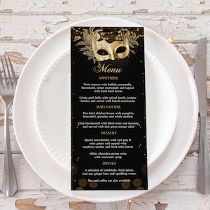 Black and Gold Masquerade Menu Template, Masquerade Prom Menu, Mardi Gras Birthday Menu, Masquerade Ball