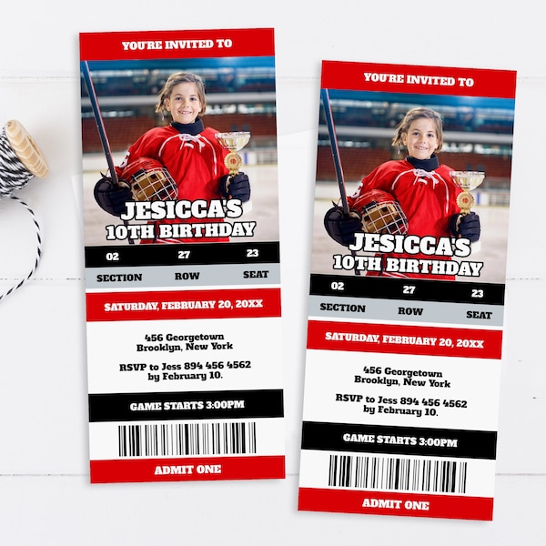 Ice hockey birthday ticket invitation with photo, ticket invite, ice hockey invite, sports birthday invitation, boys birthday invite