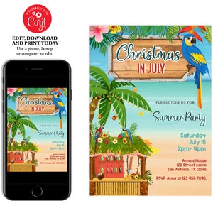 Christmas In July Party Invitation, Summer Party Invite, Editable Template Holiday invitation, Tropical Beach Party Invitation, Cocktails