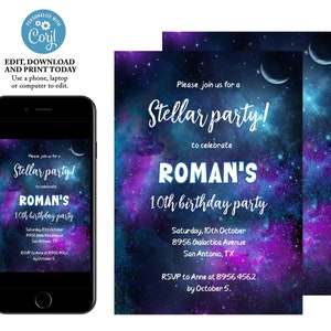 Galaxy Birthday Party Invitation, Space Party Invite, Cosmic Birthday Invite, Celestial Moon Stars, Instant Download, Printable  Template