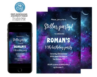 May include: A purple and blue galaxy-themed birthday invitation for a 10th birthday party. The invitation says "Please join us for a Stellar party! to celebrate ROMAN'S 10th birthday party" and includes the date, time, and location of the party. RSVP information is also included.