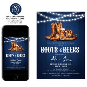 Convite para festa de aniversário com botas e cerveja, convite para aniversário de cowboy, convite rústico azul country, chapéu de cowboy e botas, aniversário adulto masculino