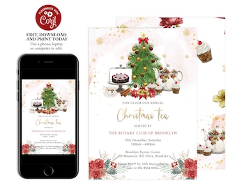 May include: A digital invitation for a Christmas Tea event, featuring a watercolor design with a Christmas tree, teapot, cake, and floral accents. The invitation includes event details and the text "Christmas Tea".