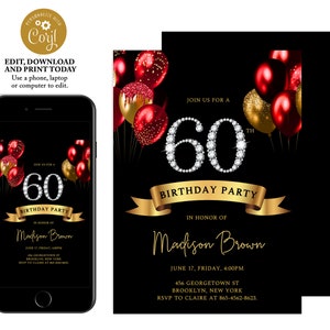 60th birthday invitation for women, red and gold birthday invitation, adult birthday invitation, balloons invitation, instant download, BL05