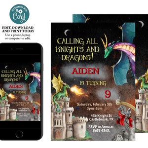 Knights and dragons birthday invitation, medieval invitation, birthday invitation for boys, castle invitation, knight and dragon invite