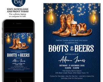 Invitación de fiesta de cumpleaños del oeste de Boots & Beers, invitación rústica de vaquero, invitación de madera azul para hombres, invitación de cumpleaños para adultos, invitación del salvaje oeste
