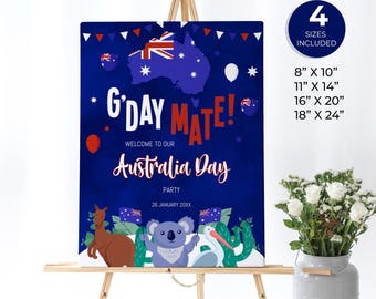 Puede incluir: Un cartel de bienvenida azul y rojo para una fiesta del Día de Australia. El cartel presenta un canguro, un koala y un pájaro de dibujos animados, junto con el texto "G'Day Mate!" y "Bienvenido a nuestra fiesta del Día de Australia". El cartel está disponible en cuatro tamaños: 8x10 pulgadas, 11x14 pulgadas, 16x20 pulgadas y 18x24 pulgadas.