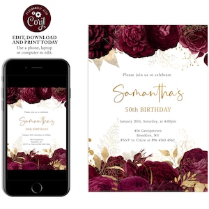 Bourgondische en gouden bloemen verjaardagsuitnodiging, verjaardagsuitnodigingen voor vrouwen, verrassingsverjaardag, bewerkbare verjaardagsuitnodiging, FL04