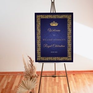 Royal Birthday Party Welcome Sign, King, Queen, Navy Blue and Silver ...