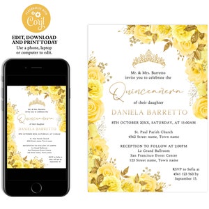 Yellow quinceanera invitation, floral quince anos, 15th birthday invitation, yellow gold, birthday invitation for women, gold crown, Q35
