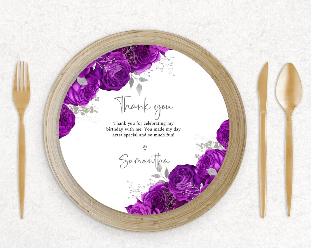 Purple and Silver Charger Plate Insert, Birthday Floral Charger Plate