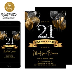 21st birthday invitation for women, black and gold birthday invitation, adult birthday invitation, balloons invitation, instant download