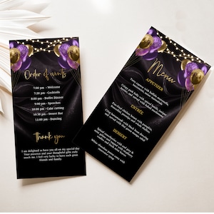 Può includere: Un menu nero e dorato con un design di palloncini viola e dorati. Il menu include antipasti, piatti principali e dessert. Il testo sulla carta recita "Menu", "Antipasto", "Piatto principale", "Dessert", "Ordine degli eventi" e "Grazie".