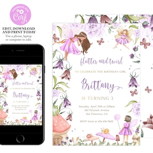 Fairy Birthday Invitation, Magical Floral Fairy Princess Party Invite, Whimsical Enchanted Invitation, Lilac Pixie Fairy Party, F03