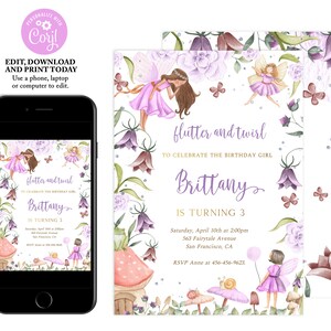 Fairy Birthday Invitation, Magical Floral Fairy Princess Party Invite, Whimsical Enchanted Invitation, Lilac Pixie Fairy Party, F03