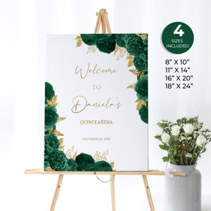 Emerald Green and Gold Floral Welcome Sign, Birthday Welcome Poster, Quinceanera Welcome Sign, Custom Sign, Editable Birthday Sign, Q34