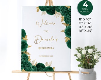 Signo de bienvenida floral verde esmeralda y oro, cartel de bienvenida de cumpleaños, signo de bienvenida de quinceañera, signo personalizado, signo de cumpleaños editable, Q34