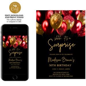 May include: A black and gold printable invitation with red and gold balloons. The invitation says "shhh... it's a surprise" and "Please join us to celebrate Madison Brown's 50th Birthday".