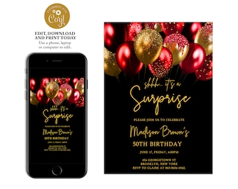 Red and gold birthday invitation, birthday invitations for women, Surprise birthday invitation, adult birthday invitation, BL05