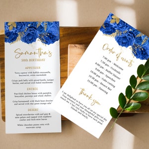 Verjaardagsprogramma met blauwe en gouden bloemen, koningsblauw, sjabloon verjaardagsprogramma, menu, volgorde van evenementen, bedankkaart, direct downloaden, FL26