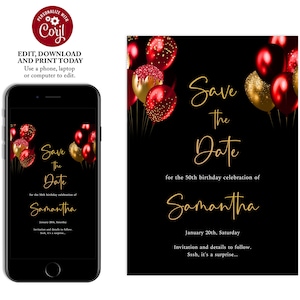Modello Save the Date nero e rosso, Save the Date per celebrazioni per adulti per donne, compleanno a sorpresa, palloncini rossi e dorati, BL05