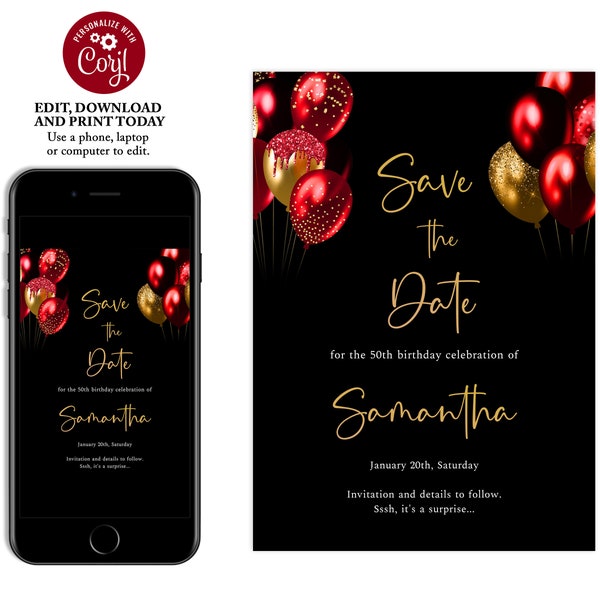 Black and red Save the Date template, Save the Date for adult celebrations for women, surprise birthday, red and gold balloons, BL05