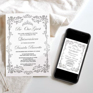 Invitación de quinceañera plateada y blanca, quince años florales, invitación de cumpleaños número 15, invitación de princesa, invitación de cumpleaños de reina, Q49