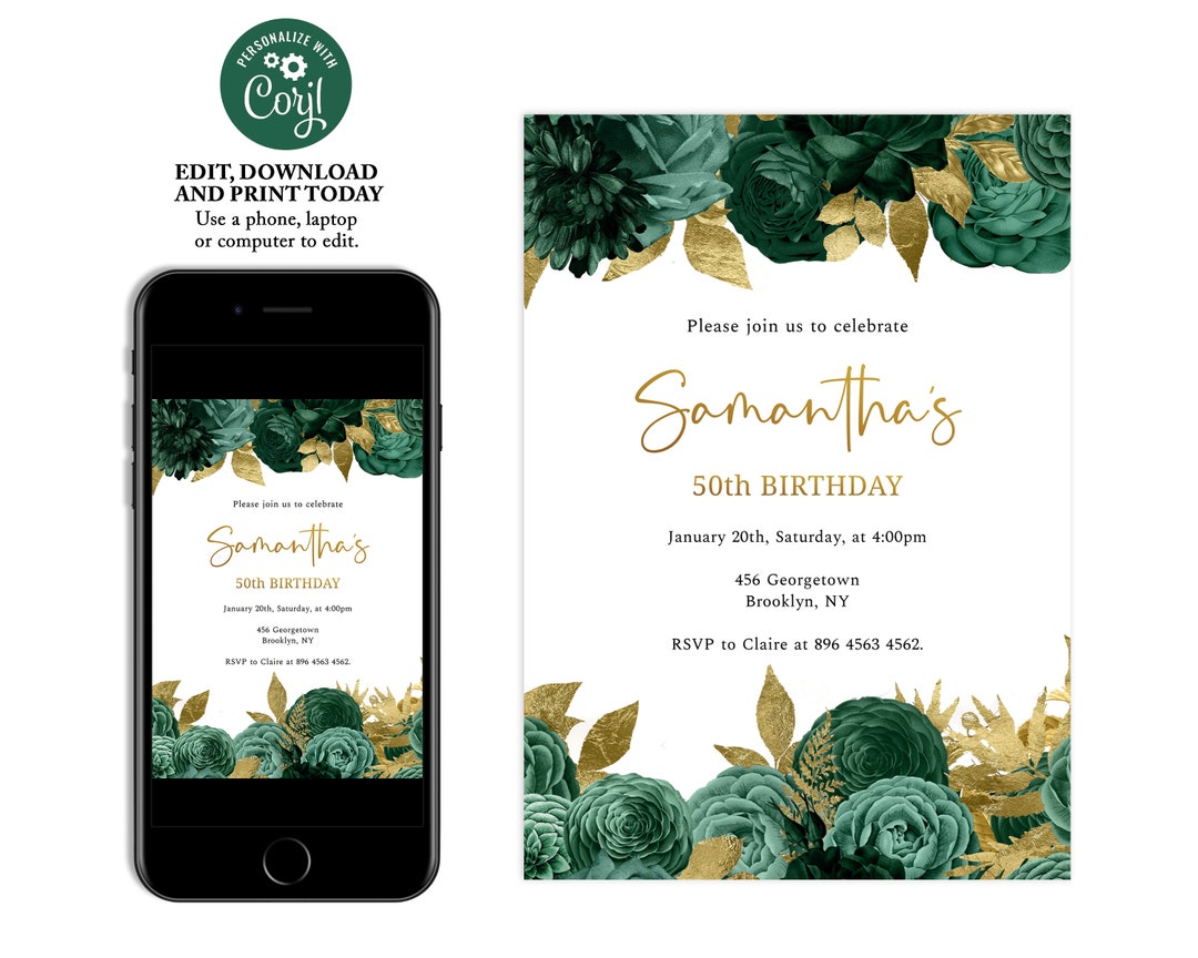 Emerald Green and Gold Birthday Invitation, Dark Green Birthday