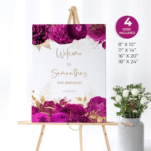 Hot Pink and Gold Floral Welcome Sign, Birthday Welcome Poster, Surprise Birthday Custom Sign, Editable Birthday Sign, FL08