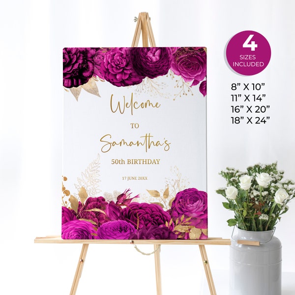 Hot Pink and Gold Floral Welcome Sign, Birthday Welcome Poster, Surprise Birthday Custom Sign, Editable Birthday Sign, FL08