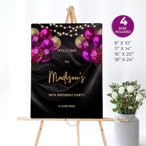 Fuchsia magenta and gold balloons welcome sign, Birthday Welcome Poster, Surprise Birthday Custom Sign, Editable Birthday Sign, BL20