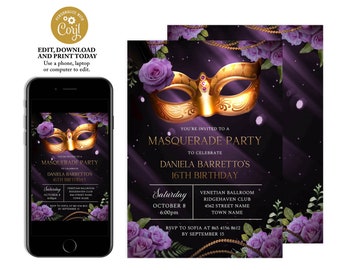 Masquerade Birthday Party Invitation, Masquerade Sweet 16, Mardi Gras Birthday, Purple Roses Birthday Invite, Lilac Masquerade Ball