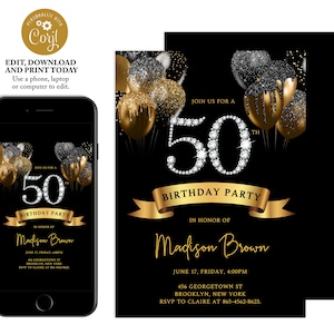 50th birthday invitation for women, black and gold birthday invitation, adult birthday invitation, balloons invitation, instant download