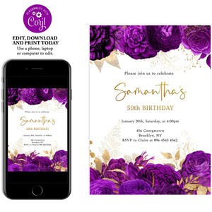 Lila und Gold Blumen Geburtstagseinladung, Geburtstagseinladungen für Frauen, Überraschungsgeburtstag, bearbeitbare Geburtstagseinladung, Sofort Download