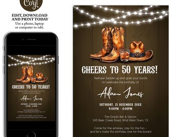 May include: A digital invitation for a 50th birthday party. The design features cowboy boots, a hat, and a whiskey glass, with string lights overhead. The text reads "Cheers to 50 Years!" and includes event details.