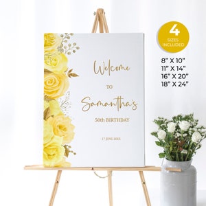 Cartel de bienvenida floral amarillo y dorado, cartel de bienvenida de cumpleaños, cartel personalizado de cumpleaños sorpresa, cartel de cumpleaños editable, oro amarillo, FL22