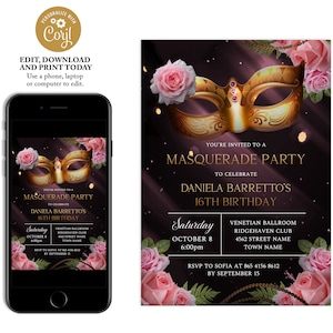 Masquerade Birthday Party Invitation, Masquerade Invitation Sweet 16, Mardi Gras Birthday, Pink Roses Birthday Party Invite, Masquerade Ball