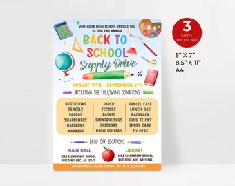 School Supply Drive Flyer, Printable PTA PTO Flyer, School Supplies Fundraiser Poster, Editable Back To School Invite, School Donation