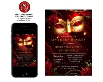 Masquerade Birthday Party Invitation, Masquerade Invitation Sweet 16, Mardi Gras Birthday, Red Roses Birthday Party Invite, Masquerade Ball