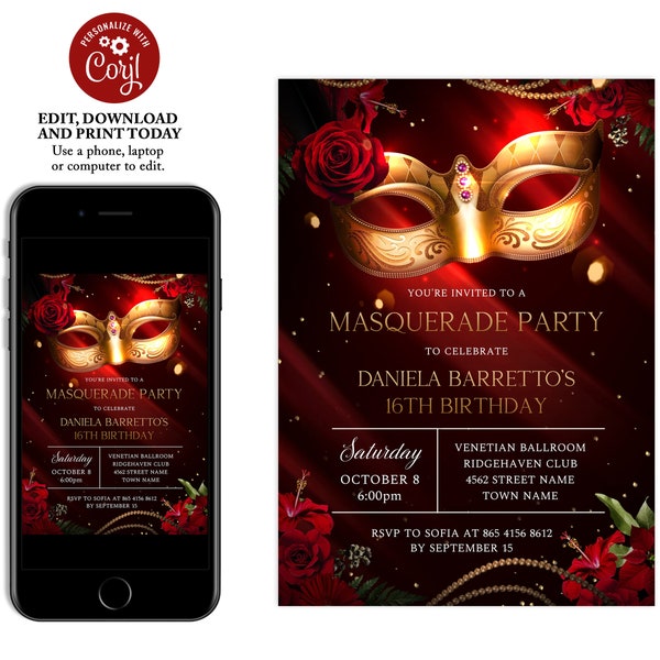 Masquerade Birthday Party Invitation, Masquerade Invitation Sweet 16, Mardi Gras Birthday, Red Roses Birthday Party Invite, Masquerade Ball