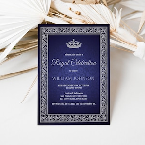 Royal Birthday Party Invitation, Blue and Silver Invitation, Birthday Invite for men, King Invitation, Prince Birthday Invite, Crown, Q59