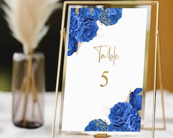 Blue and Gold Floral Table Number Template, Printable Royal Blue Table Number, Table Decor, Birthday Table Sign, Instant Download, FL26